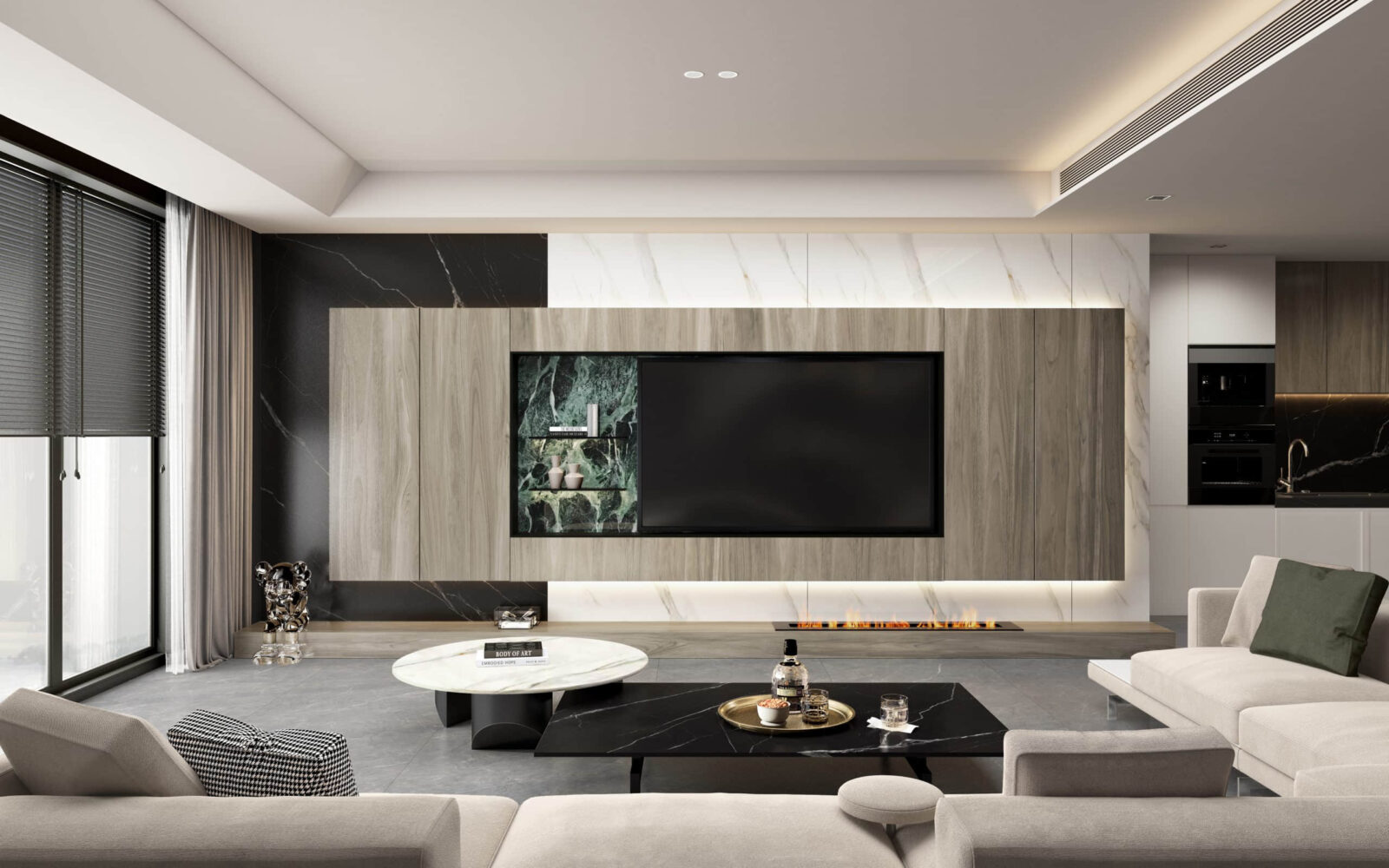 Modern living room with large TV, marble accents, and sleek furniture.