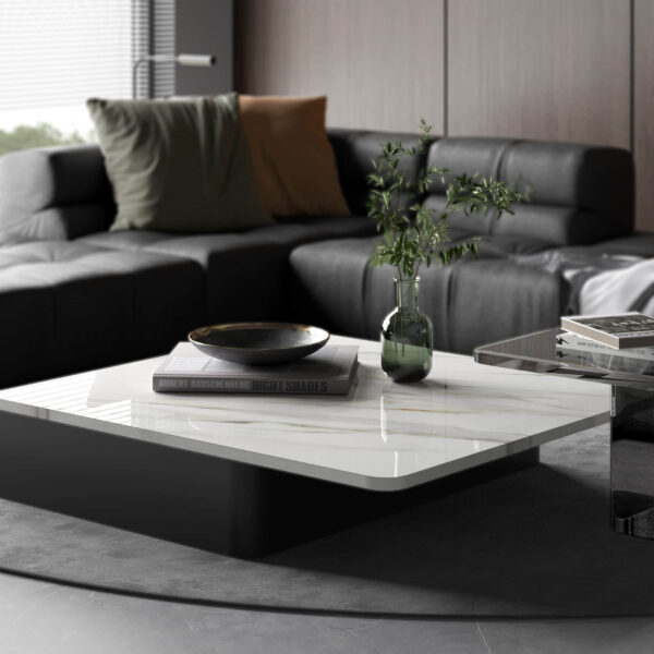 Modern living room with marble coffee table and gray sofa.