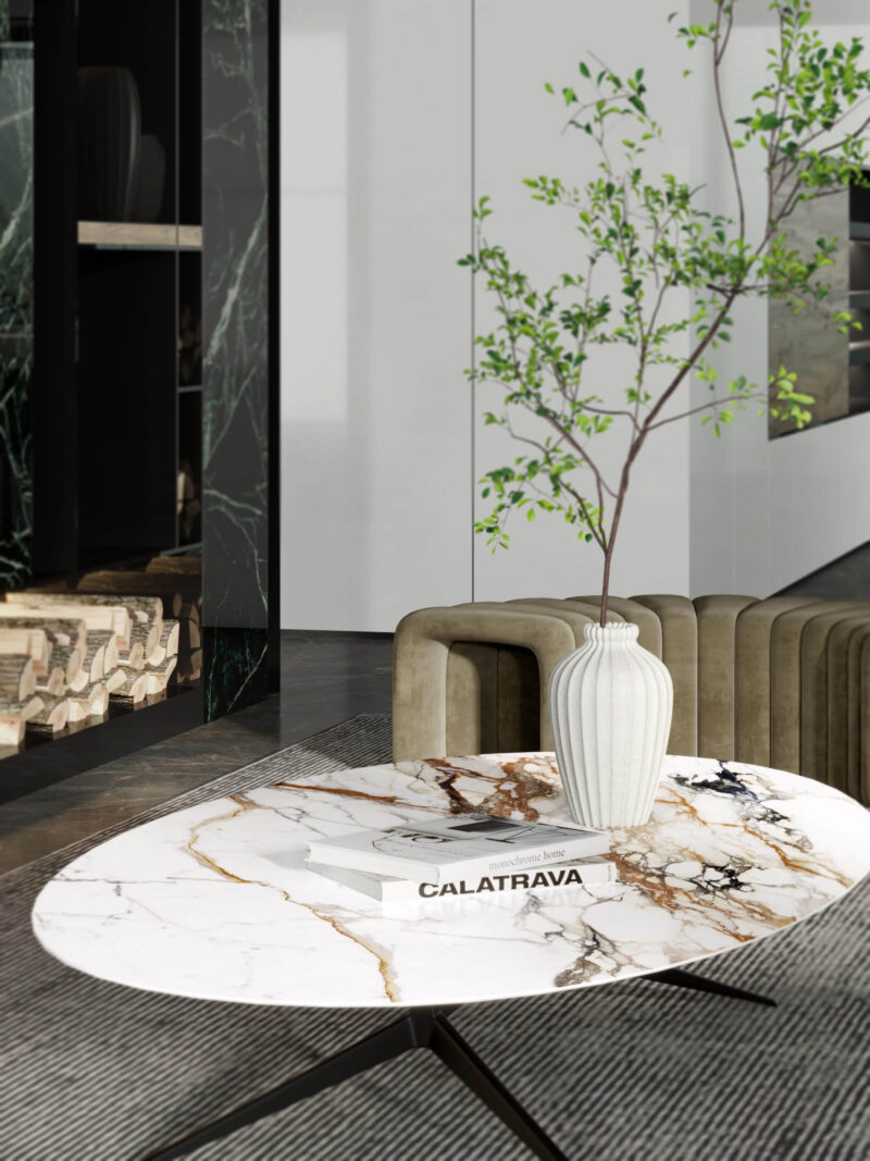 Modern living room with marble table, vase, and greenery.