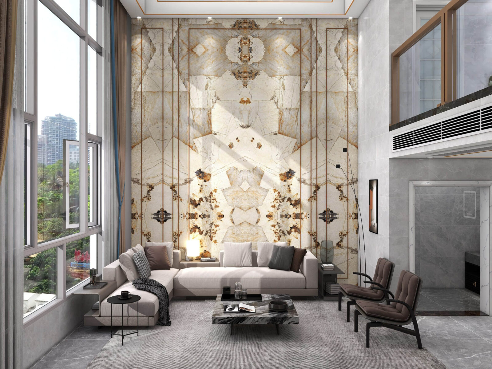 Luxurious living room with marble accent wall and modern furniture.