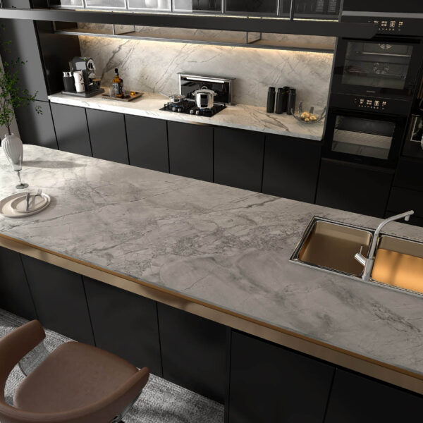 Modern kitchen with gray marble countertop and sleek black cabinets.