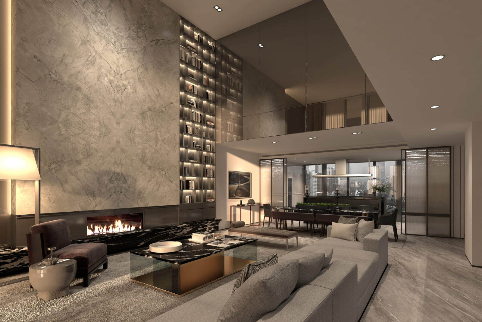 Modern living room with gray tones and fireplace.