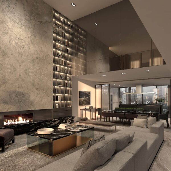 Modern living room with gray tones and fireplace.