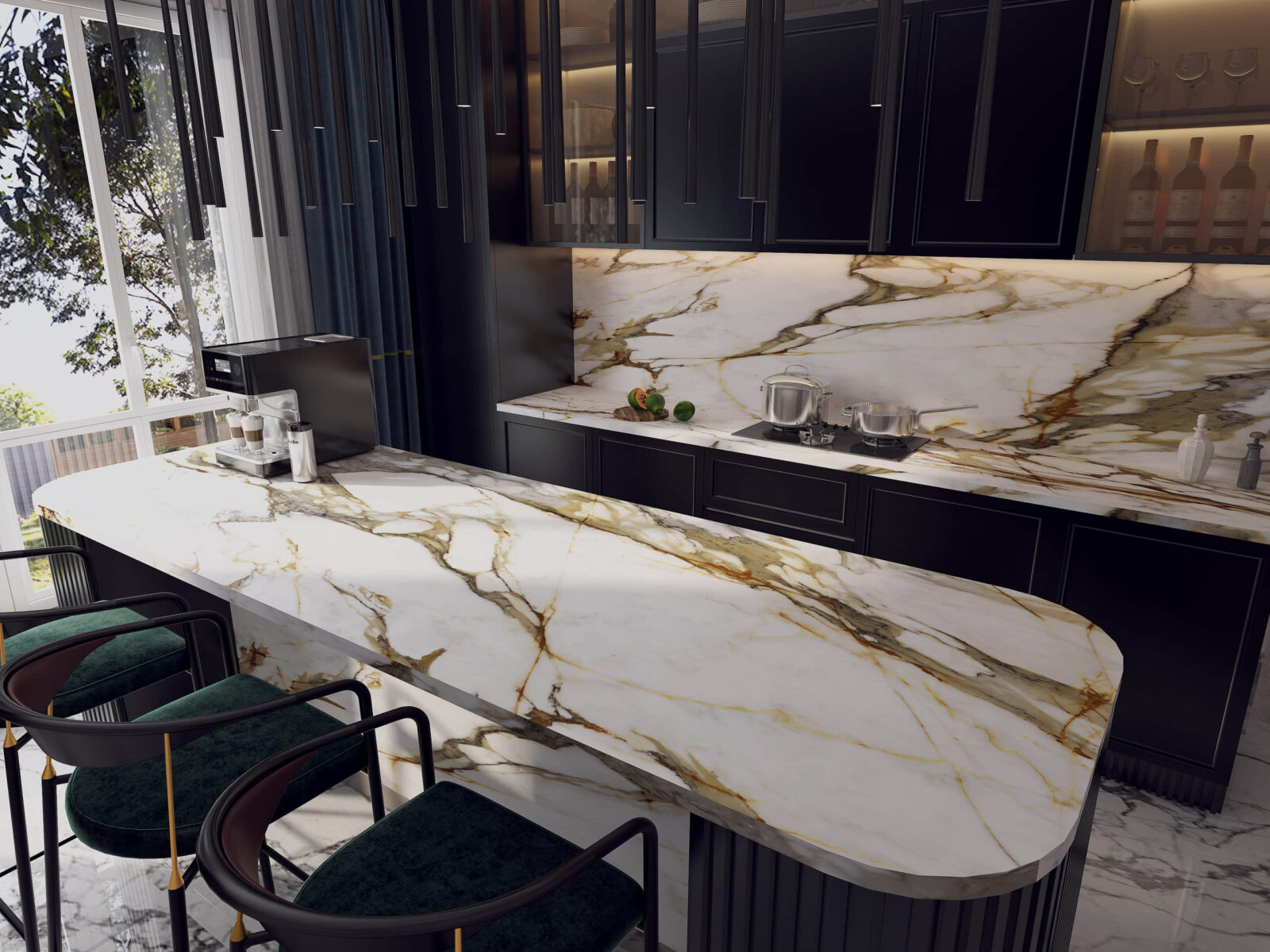 Luxurious kitchen with marble countertop and dark cabinets.