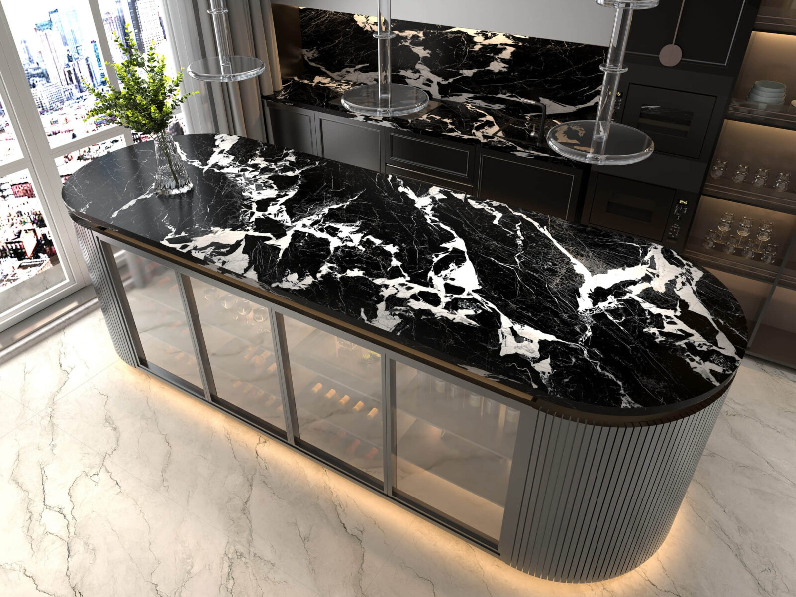Black marble kitchen countertop with white veining, modern design.