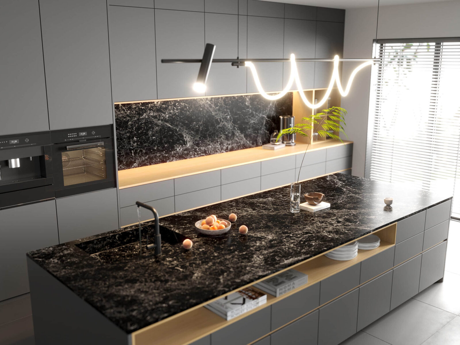 Modern kitchen with black marble island and sleek gray cabinets.