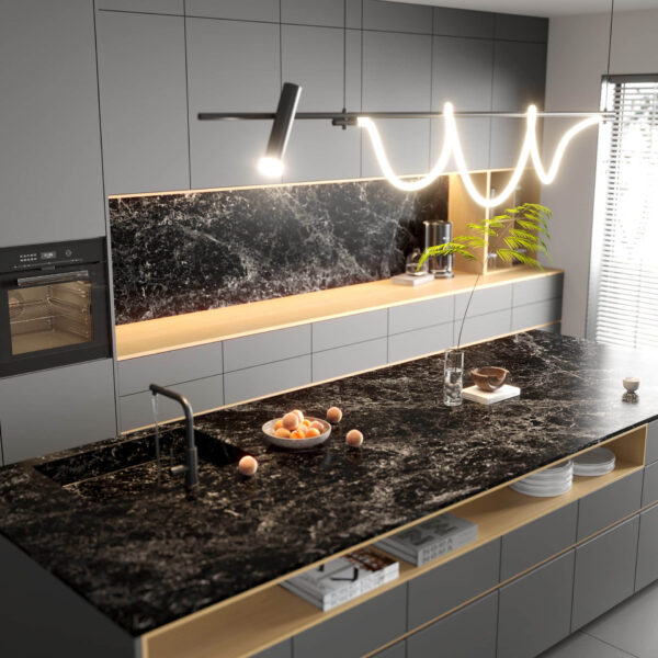 Modern kitchen with black marble island and sleek gray cabinets.