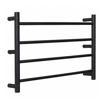 Black square heated towel rail with four bars.