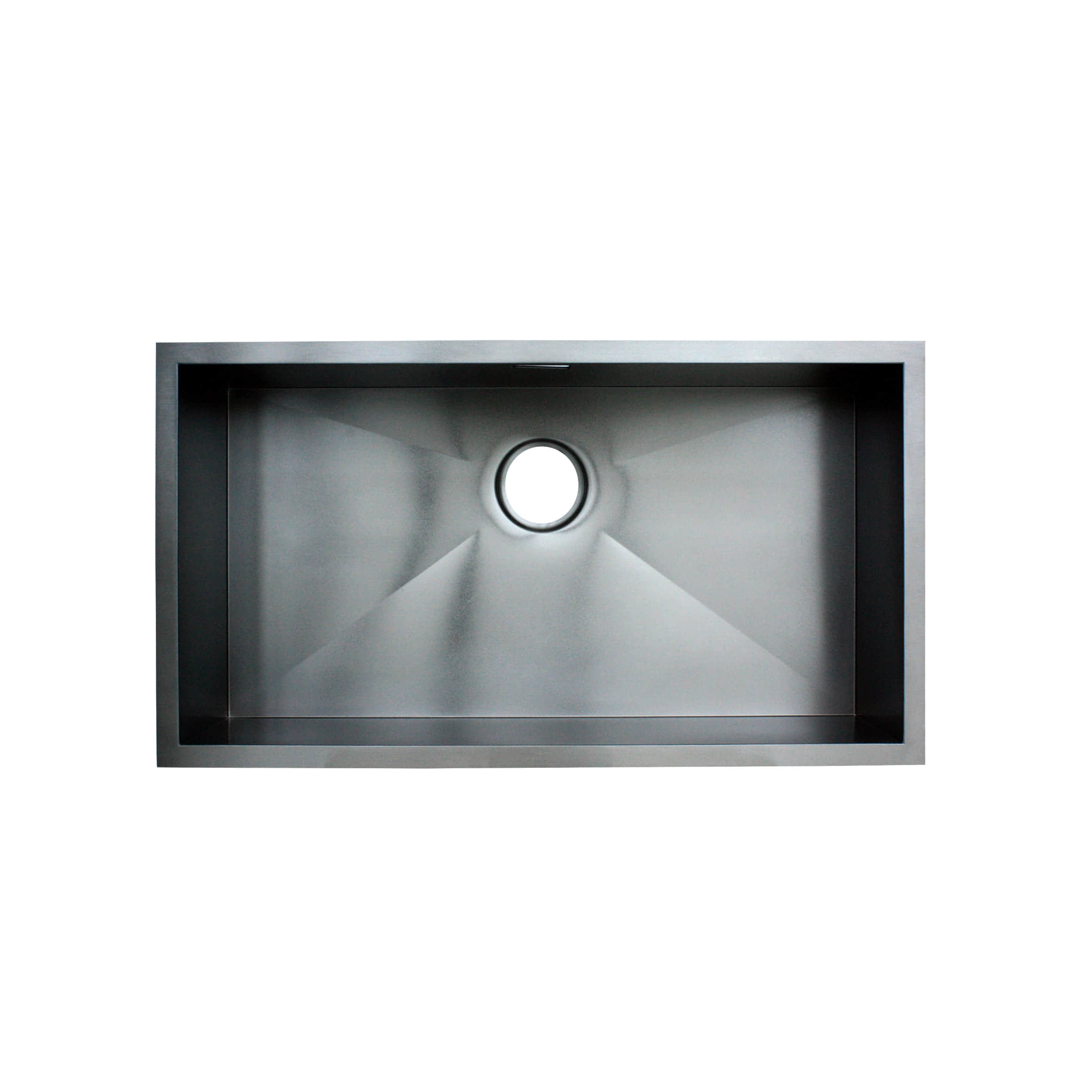Stainless steel kitchen sink with central drain.