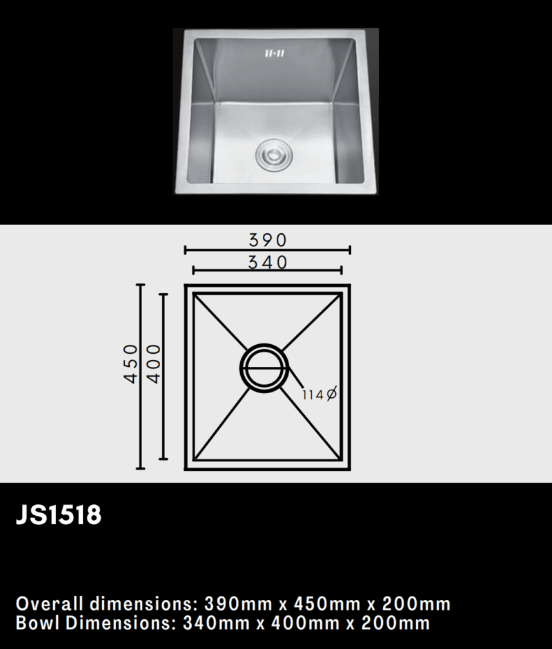 Stainless steel kitchen sink with dimensions and diagram.