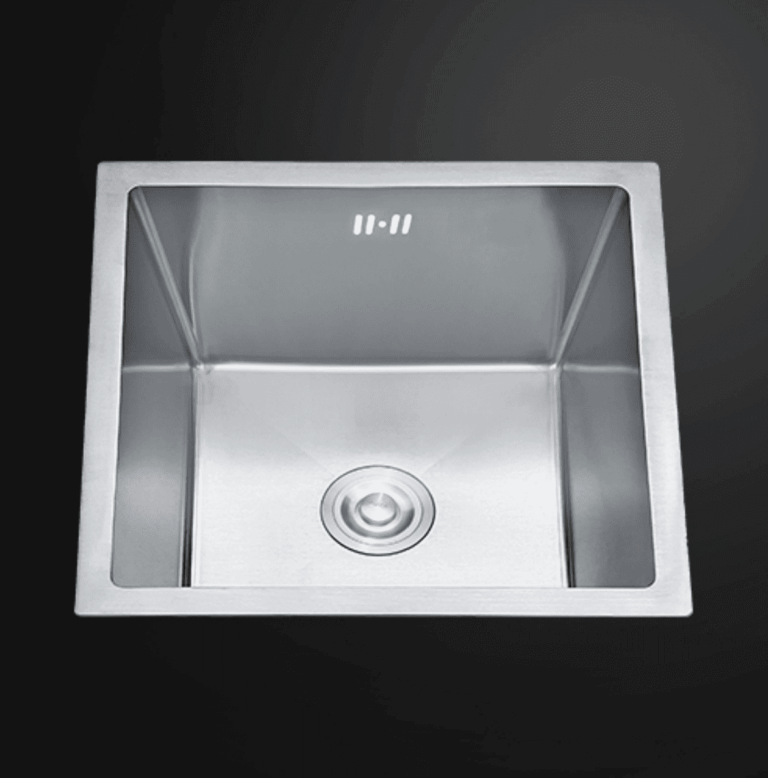 Stainless steel kitchen sink with drain, top view.