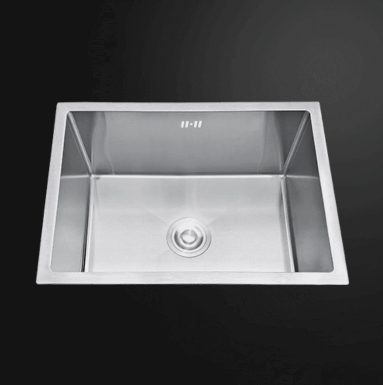 Stainless steel kitchen sink with a modern design.