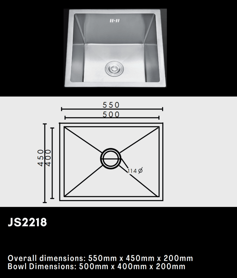 Stainless steel kitchen sink with dimensions diagram.
