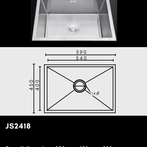 Stainless steel sink with dimensions and model number JS2418