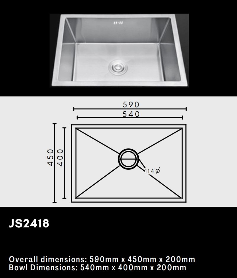 Stainless steel sink with dimensions and model number JS2418