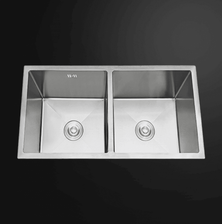 Stainless steel double kitchen sink with modern design.