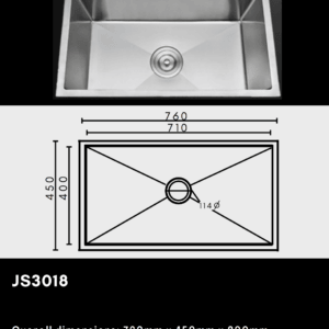 Stainless steel kitchen sink with dimensions and model number JS3018.