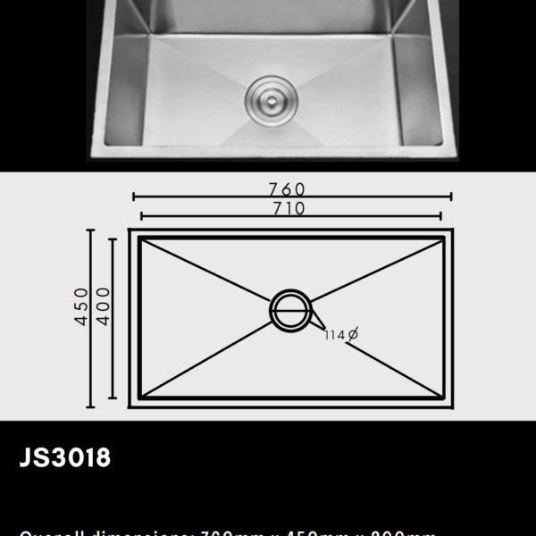 Stainless steel kitchen sink with dimensions and model number JS3018.