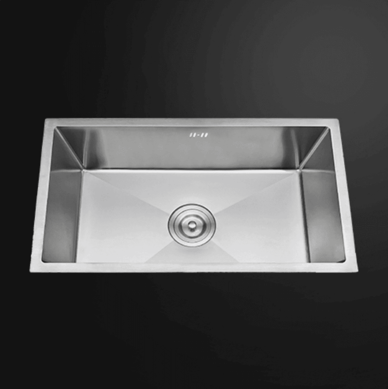 Stainless steel kitchen sink with modern design.