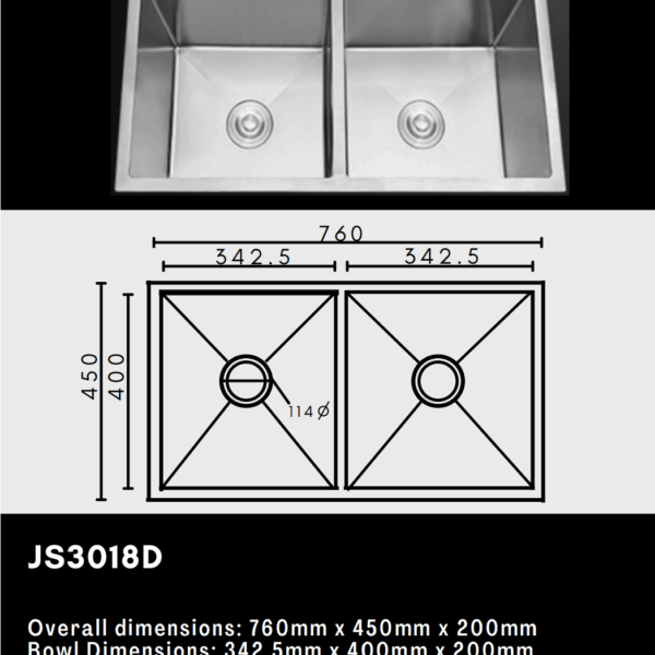 Double kitchen sink with dimensions and model JS3018D displayed.