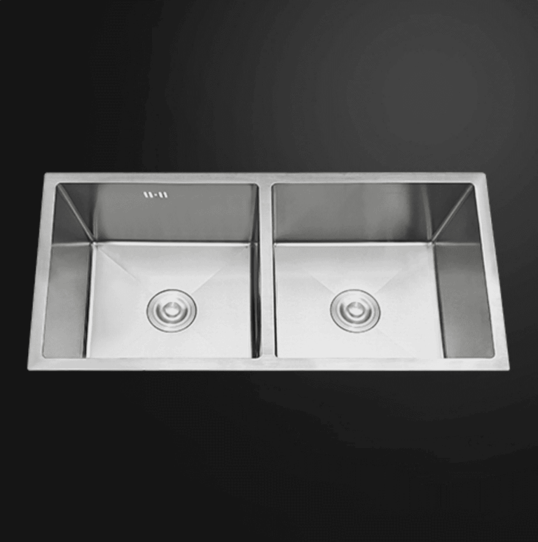 Double stainless steel kitchen sink with modern design.