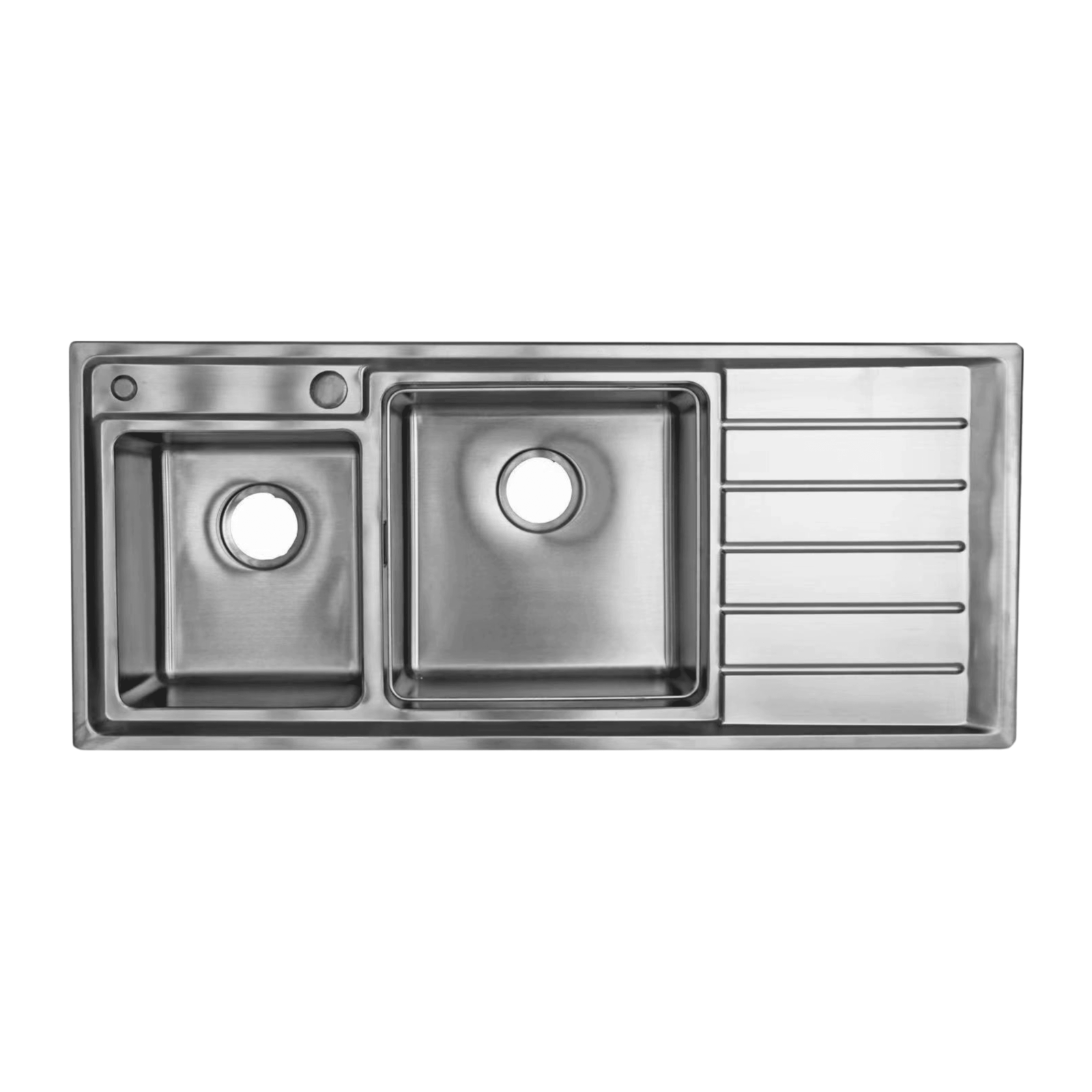 Stainless steel double kitchen sink with drainer grooves.