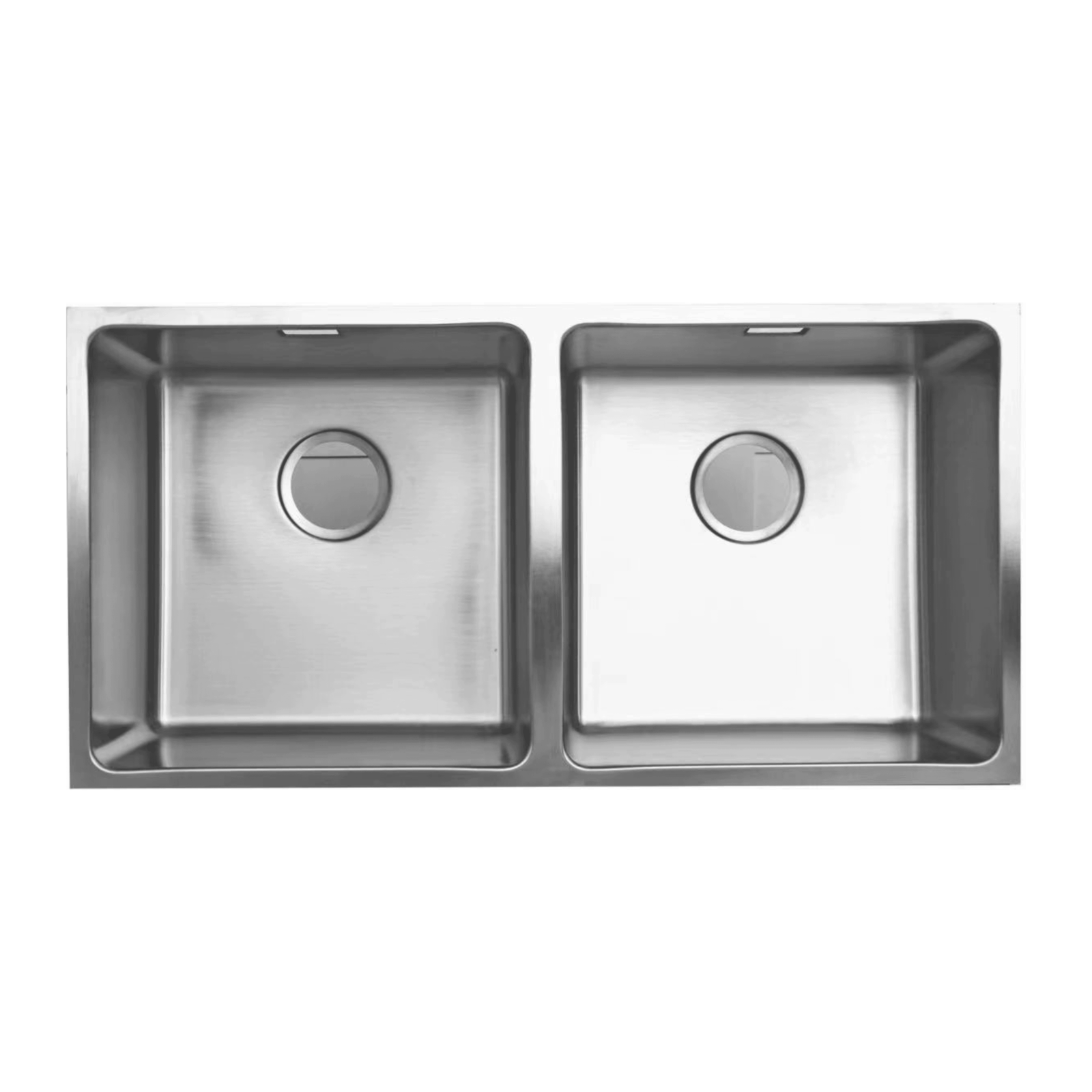 Double stainless steel kitchen sink with square basins.