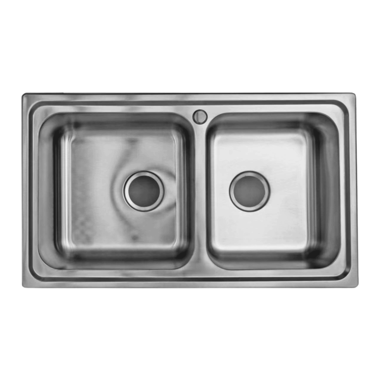 Stainless steel double kitchen sink with drain holes.
