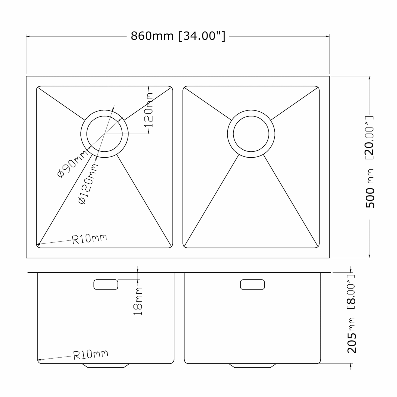 Technical drawing of a double kitchen sink with dimensions.
