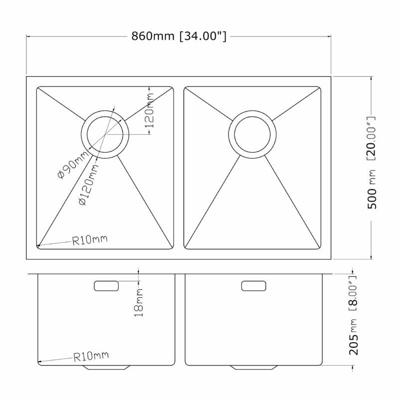 Technical drawing of a double kitchen sink with dimensions.