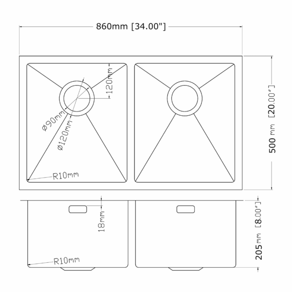 Technical drawing of a double kitchen sink with dimensions.