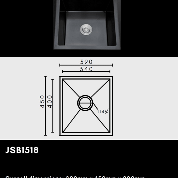 Black kitchen sink with dimensions and diagram