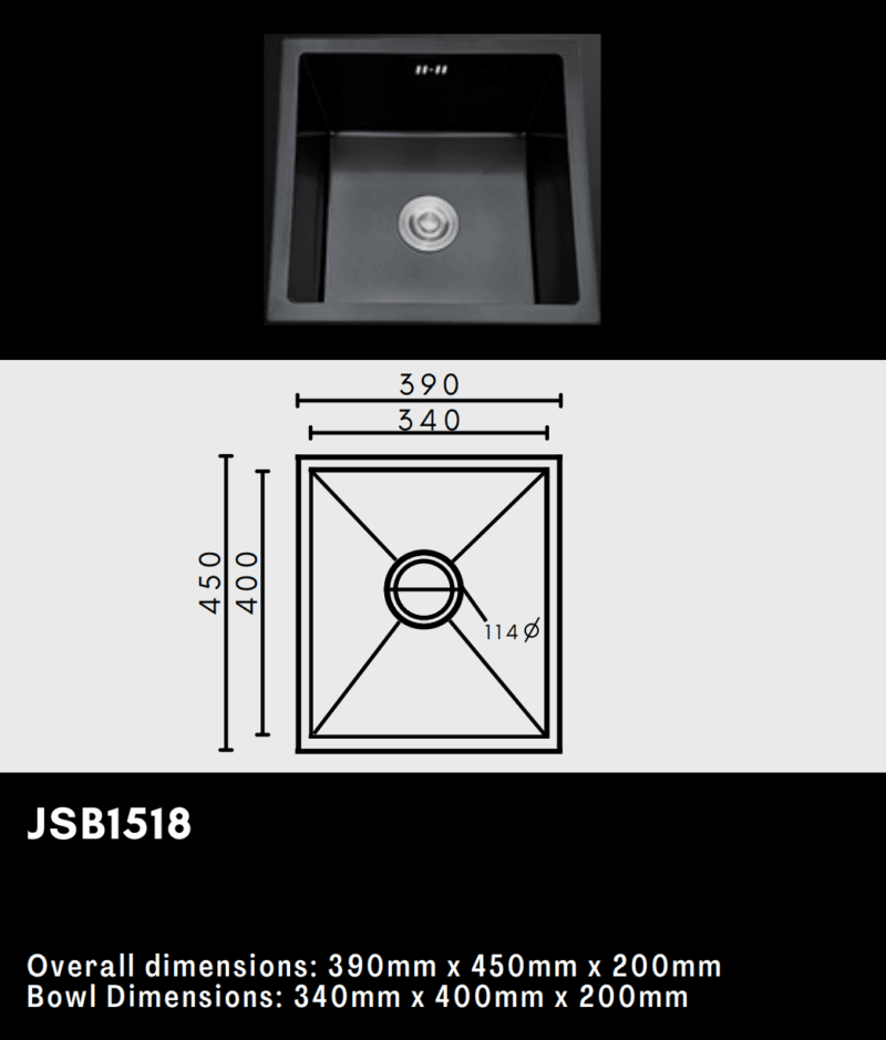 Black kitchen sink with dimensions and diagram