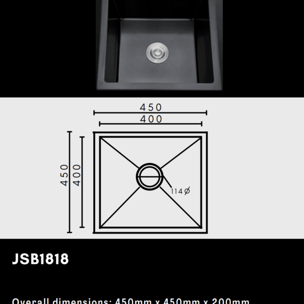 Square black kitchen sink with dimensions 450mm x 450mm x 200mm.