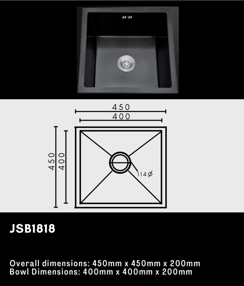 Square black kitchen sink with dimensions 450mm x 450mm x 200mm.