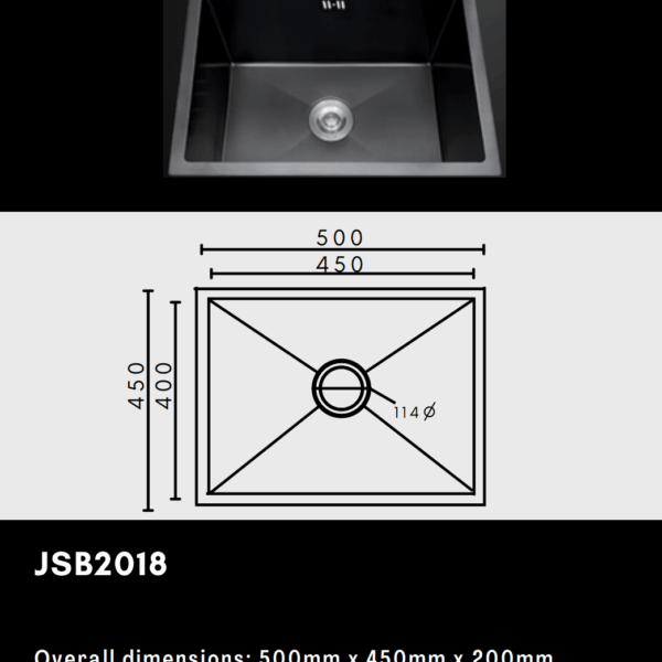 JSB2018 kitchen sink with dimensions: 500x450x200mm, bowl 450x400x200mm.