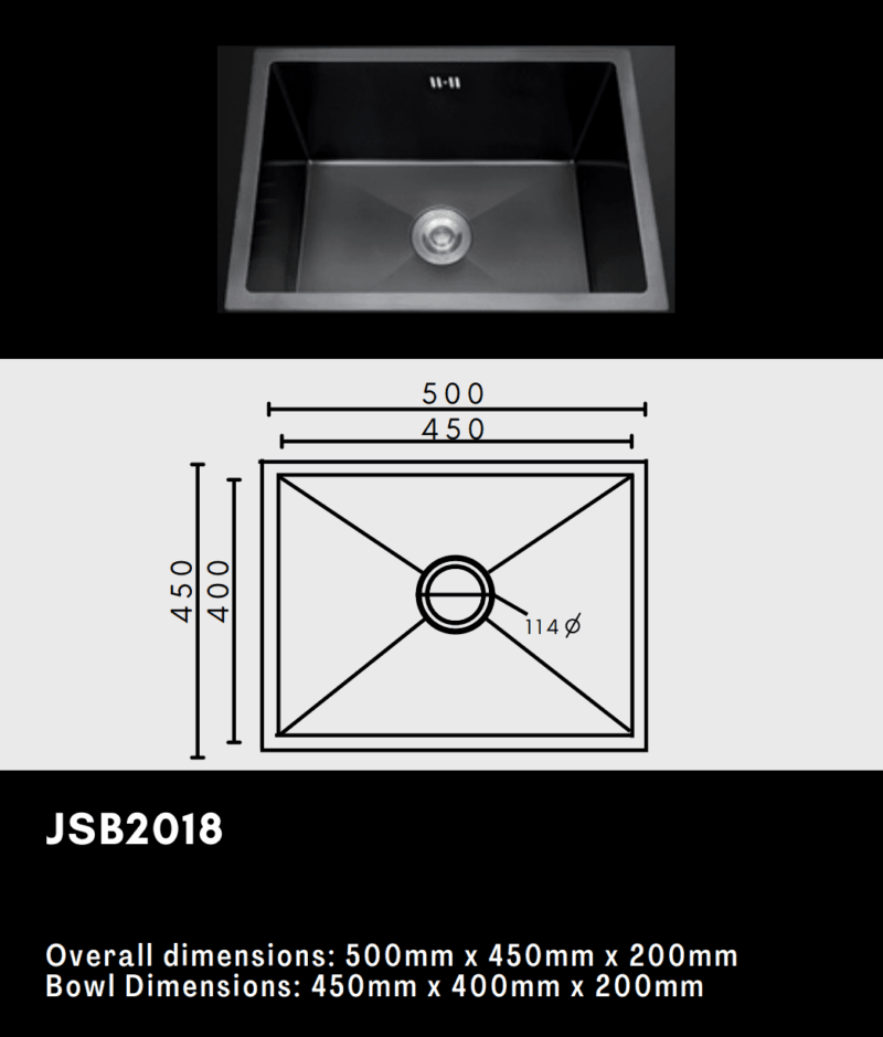 JSB2018 kitchen sink with dimensions: 500x450x200mm, bowl 450x400x200mm.