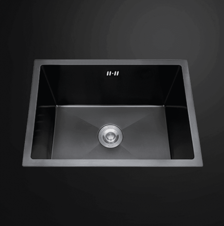 Black stainless steel kitchen sink against dark background.