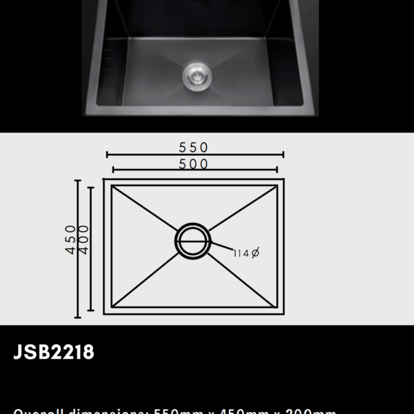 Black kitchen sink with dimensions and model number JSB2218.