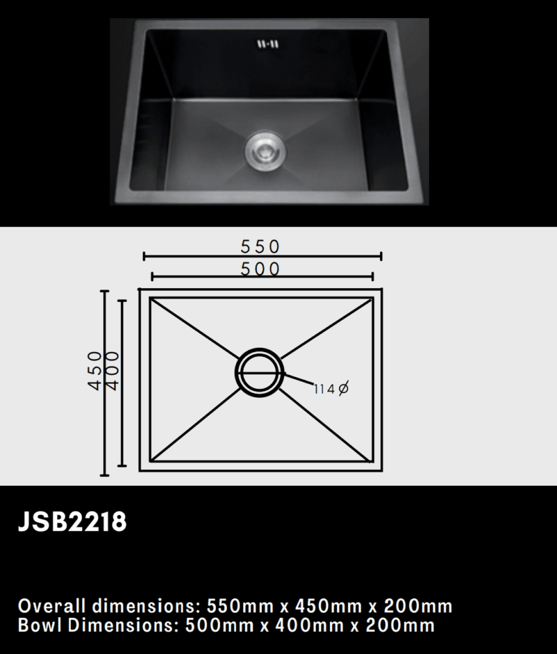 Black kitchen sink with dimensions and model number JSB2218.