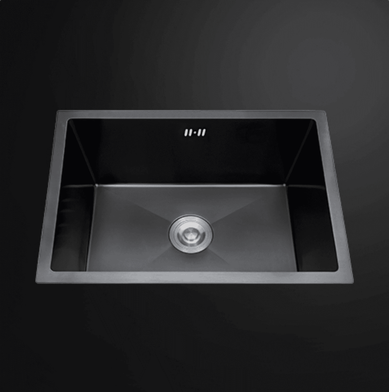 Stainless steel kitchen sink with modern design on black background.