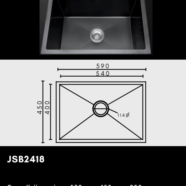 Black kitchen sink with dimensions and diagram.