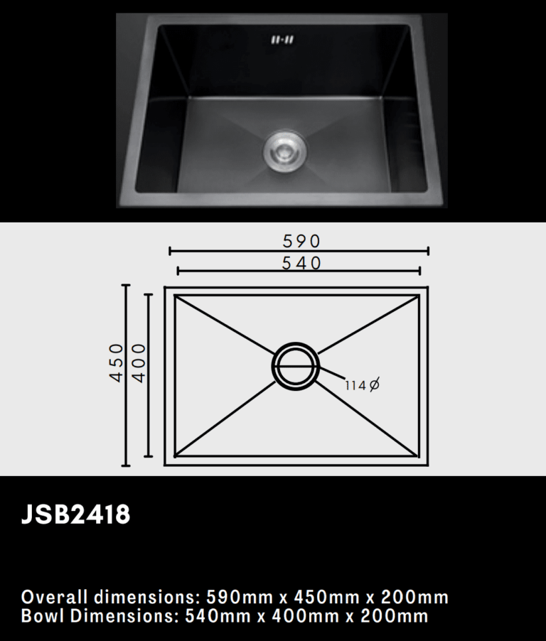 Black kitchen sink with dimensions and diagram.