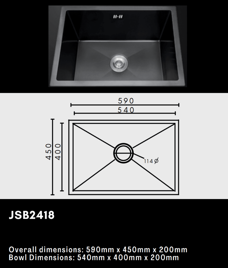 Black kitchen sink with dimensions and diagram.