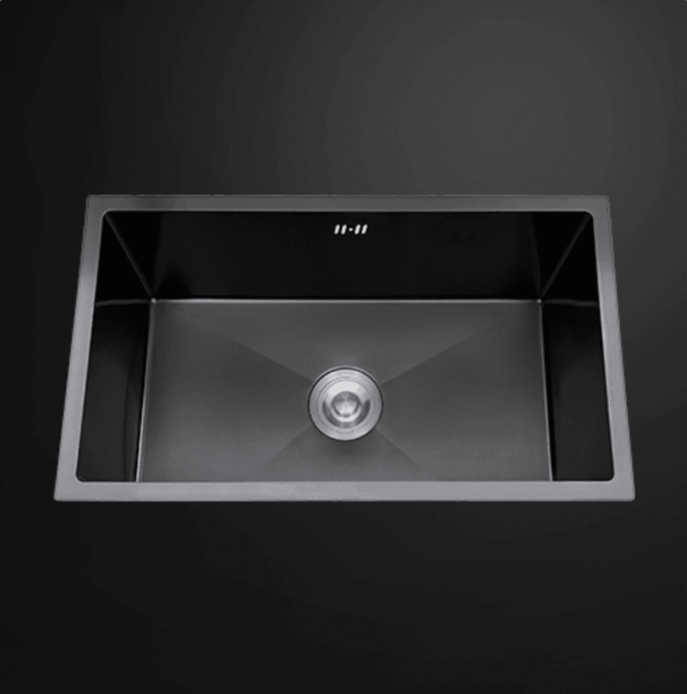 Black stainless steel kitchen sink with a modern design.