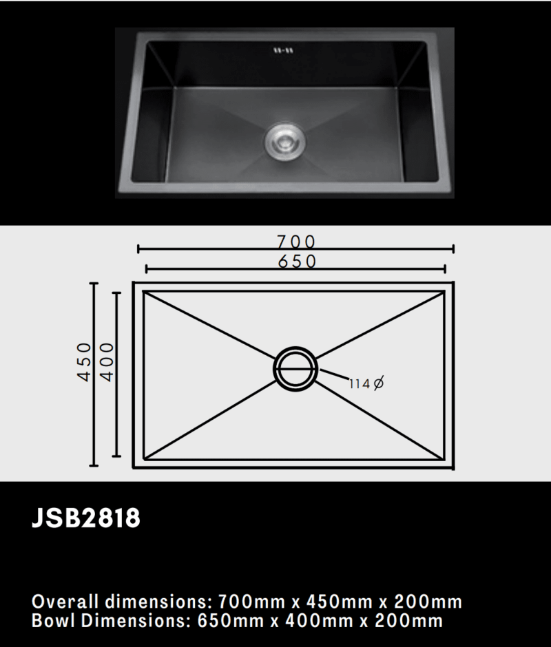 Stainless steel kitchen sink with dimensions and diagram.