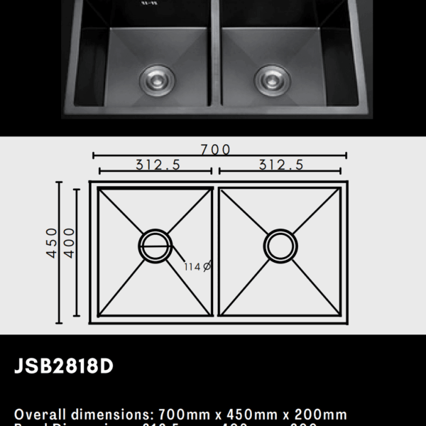 Double kitchen sink with dimensions and model number JSB2818D.