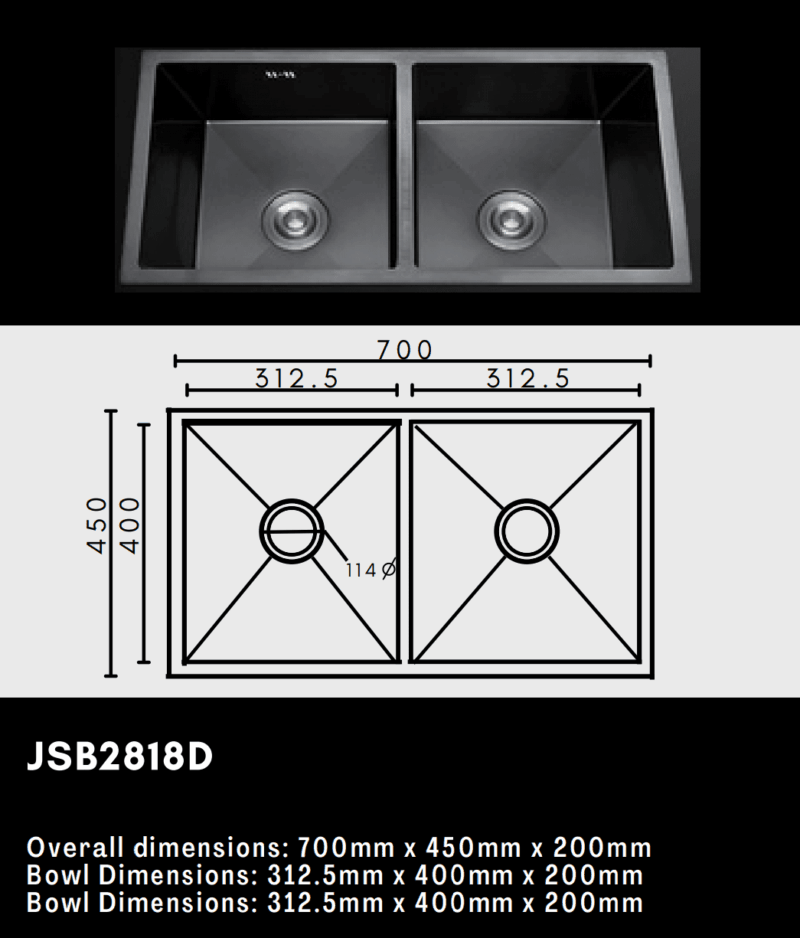 Double kitchen sink with dimensions and model number JSB2818D.
