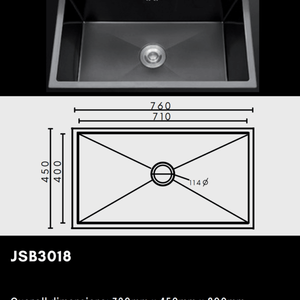 Stainless steel kitchen sink with dimensions and model number JSB3018.