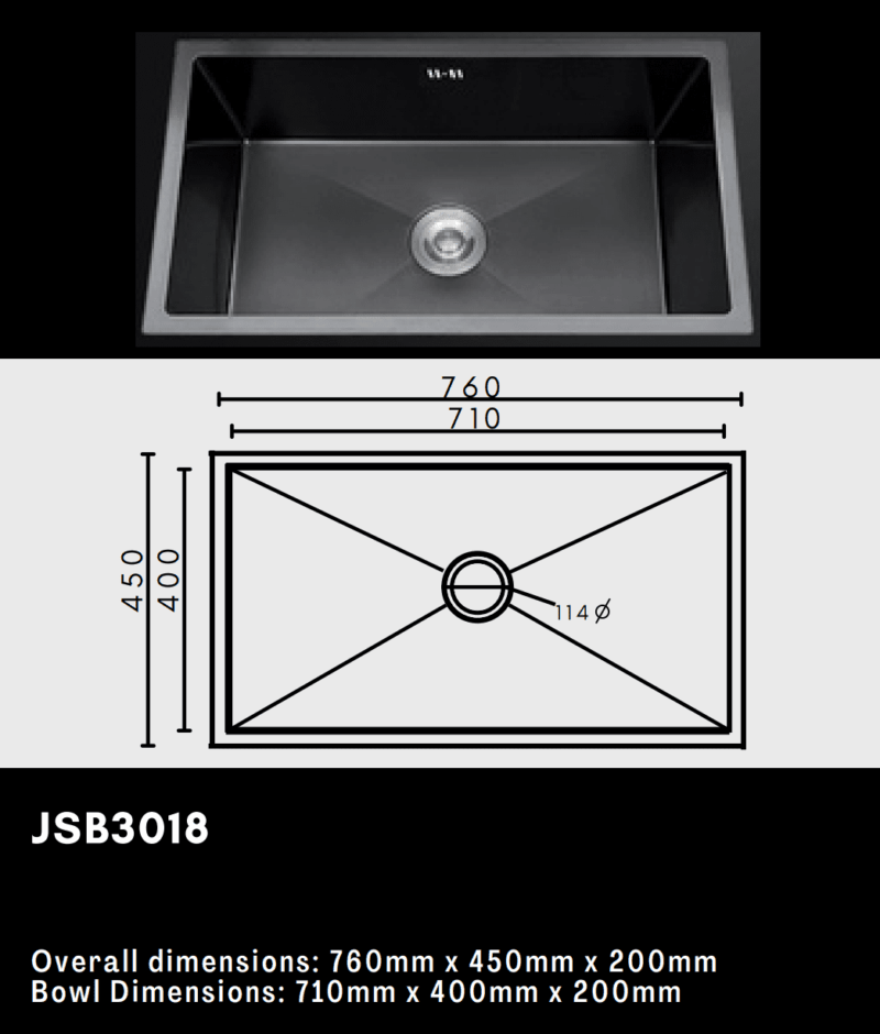 Stainless steel kitchen sink with dimensions and model number JSB3018.
